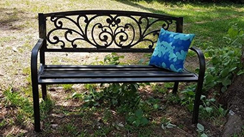 Mosaic Powder Coated 33.5 x 24 x 50.5-Inch Cast Iron Outdoor Patio Bench with Ivy Design Backrest, Black