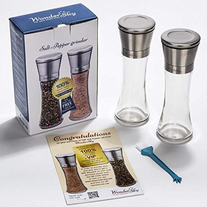 Salt and Pepper Grinder Set of 2 - Tall Salt and Pepper Shakers with Adjustable Coarseness by Ceramic Rotor - Stainless Steel Pepper Mill Shaker and Salt Grinders Mills Set with FREE Cleaning Brush