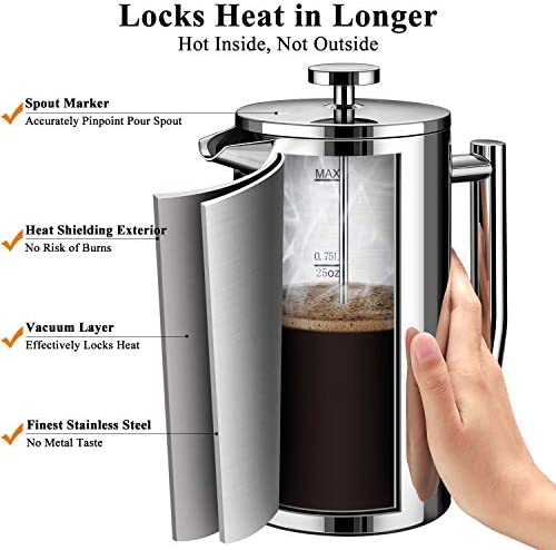 BAYKA French Press Coffee Maker, Stainless Steel 34oz Double-Wall Metal Insulated Coffee Tea Makers with 4 Level Filtration System, Rust-Free, Dishwasher Safe