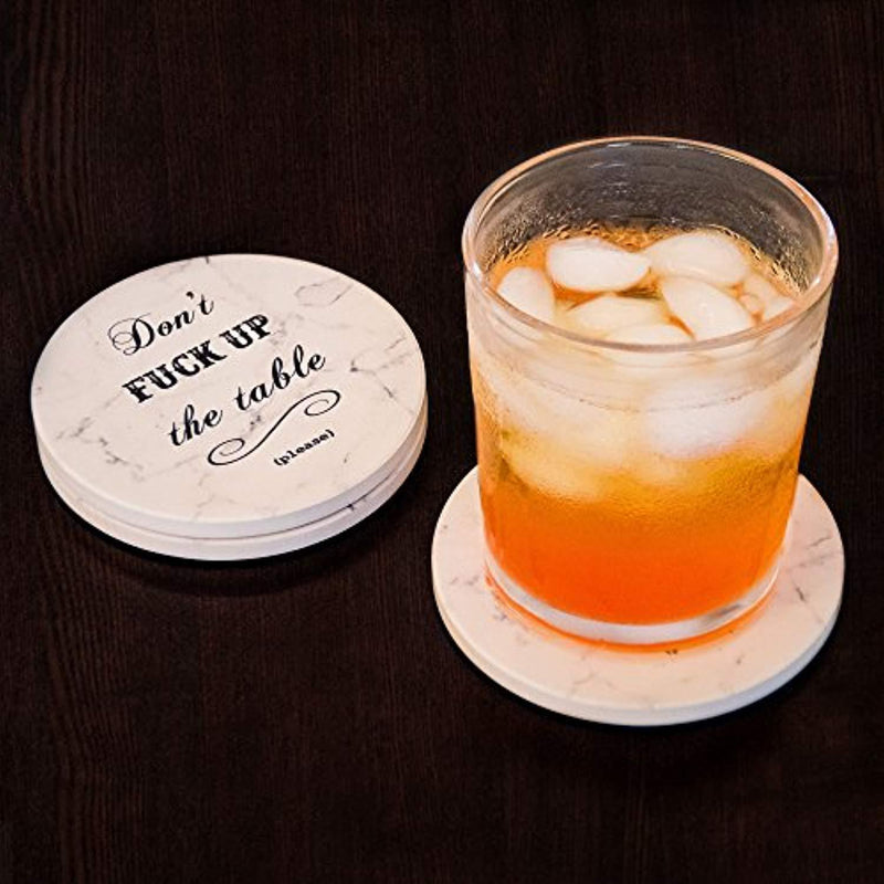 Urban Mosh Coasters for Drinks - Funny Absorbent Ceramic Stone Set of 6 White Marble Style with Cork Backing and Holder Included, Protect Your Furniture From Spills, Scratches, Water Rings and Damage