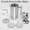 BAYKA French Press Coffee Maker, Stainless Steel 34oz Double-Wall Metal Insulated Coffee Tea Makers with 4 Level Filtration System, Rust-Free, Dishwasher Safe