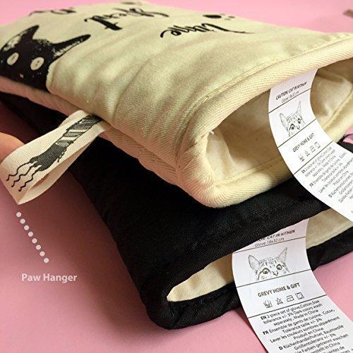 GREVY Oven Mitts Heat Resistant Cooking Glove 100% Cotton Lining 12"(Ivory and Black Cat,Potholder Kitchen Gloves,Set of 2)