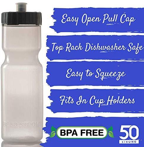 50 Strong Sports Squeeze Water Bottles - Set of 6 - Team Pack – 22 oz. BPA Free Bottle Easy Open Push/Pull Cap – Made in USA - Multiple Colors Available