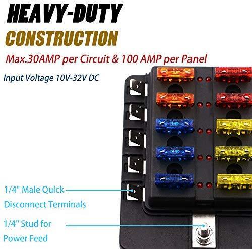 BlueFire 12 Way 30A 32V Blade Fuse Box Board with 24PCS Fuse + LED Warning Light for Car/Marine Boats/Automotive/Trike