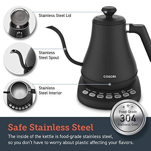 COSORI Electric Gooseneck Kettle with 5 Variable Presets, Pour Over Coffee Kettle & Tea Kettle, 100% Stainless Steel Inner Lid & Bottom, 1200 Watt Quick Heating, 0.8L, Matte Black