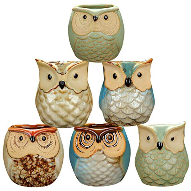 YLINGSU Cerami Succulent Cactus Plant Flower Conta 6 in Set 2.5 inch Owl Pot Ceramic Flowing Glaze Base Serial, Blue (Plants not included)