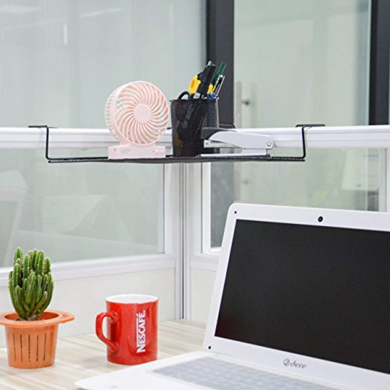 Cubicle Corner Shelf - Space-Saving Office Sundries Storage Rack Floating Organizer/Flower Pots Caddy -Iron Wire Rail with Mesh Panel - No Screw - (Black)