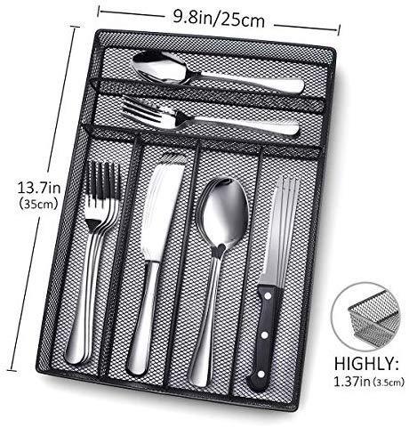 24 Piece Silverware Teivio  Set, Flatware Utensils Set Mirror Polished, Dishwasher Safe Service for 4, Include Knife/Fork/Spoon/Steak Knife/Wire Mesh Steel Cutlery Holder Storage Trays (Silver)