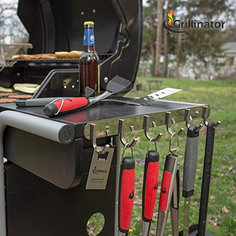 Grillinator BBQ Tool Rack - Brushed Stainless Steel 6 Hook Storage for Grilling & Cooking Utensils - Easy to Install - Gas, Charcoal & Electric Grills - Indoor or Outdoor Use