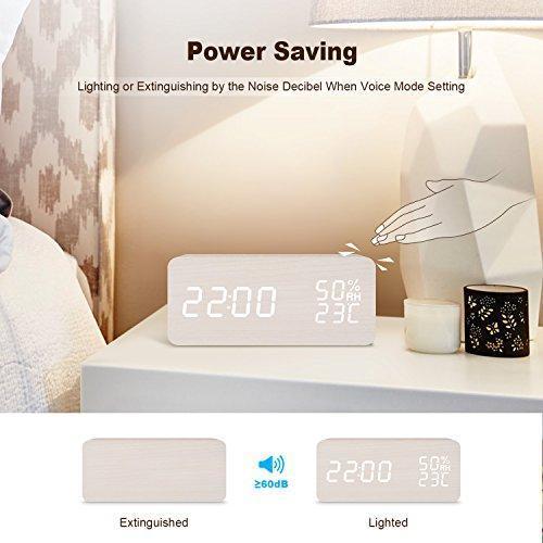 BlaCOG Alarm Clock Digital Desk Wooden Alarm Clock Upgraded with Time Temperature, Adjustable Brightness, 3 Set of Alarm and Voice Control - Bamboo