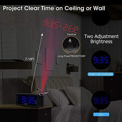 Projection Alarm Clock Radio - Koviti FM Radio Alarm Clock with Dimmer, Ultra Clear LED Digital Alarm Clock to Ceiling Wall, Dual Alarm Snooze Sleep Timer for Heavy Sleepers