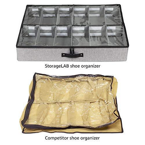 storageLAB Under Bed Shoe Storage Organizer, Adjustable Dividers - Set of 2, Fits 24 Pairs Total - Underbed Storage Solution