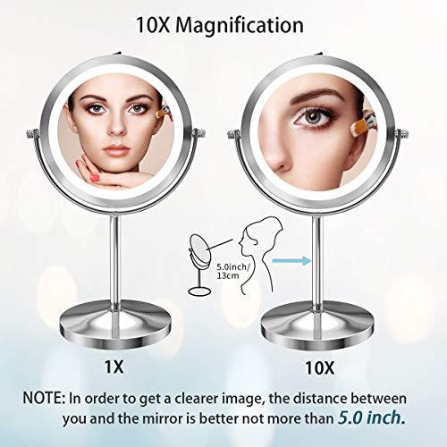 Benbilry Lighted Makeup Mirror - LED Double Sided 1x/10x Magnification Cosmetic Mirror,7 Inch Battery-Powered 360 Degree Rotation Vanity Mirror with On/Off Push-Button