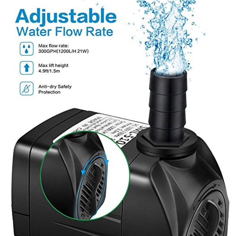 Jhua Water Pump 300GPH (1200L/H, 21W) Submersible Water Pump, Ultra Quiet Fountain Water Pump with 5.9ft Power Cord, 3 Nozzles for Aquarium, Fish Tank, Pond, Statuary, Hydroponics