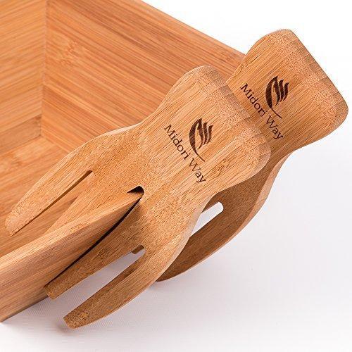 Wood Salad Bowl Set With Bamboo Servers, Best For Serving Salad, Pasta, and Fruit. Beautiful Bowl Looks Great On Your Kitchen Counter. Safe & Eco-Friendly, By Midori Way