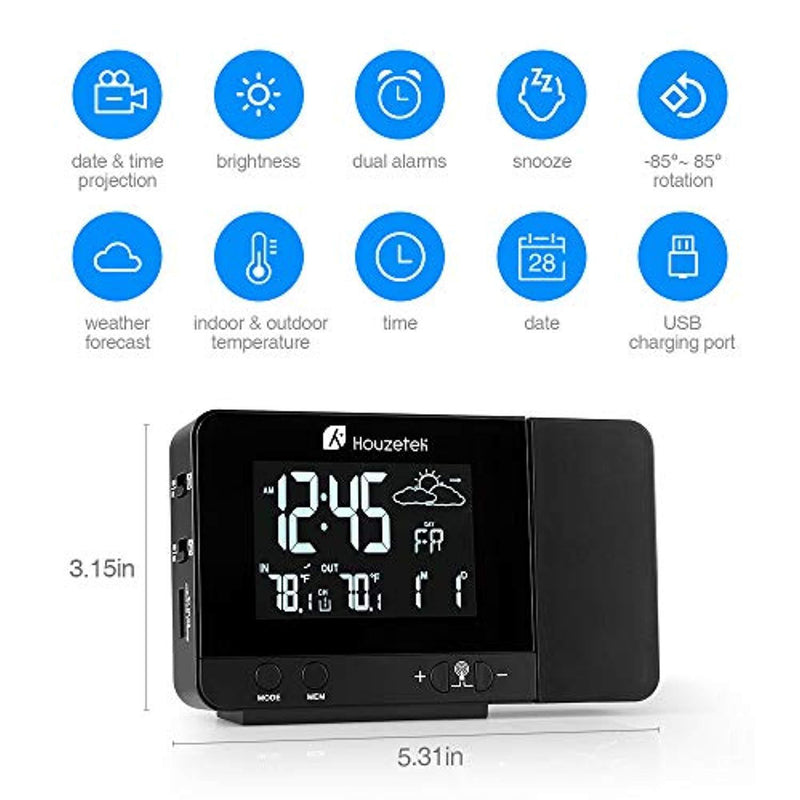 Projection Clock, Digital Projection Alarm Clock with Weather Station, Indoor/Outdoor Thermometer, USB Charger, Dual Alarm Clocks for Bedrooms, LED Display with Dimmer, 12/24 Hours