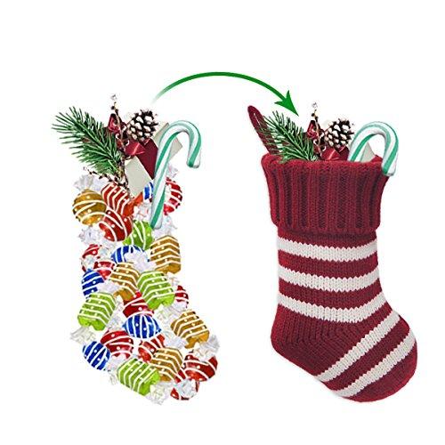 LimBridge Christmas Mini Stockings, 6 Pack 9 inches Knitted Knit Stripe Rustic Holiday Decorations, Goodie Bags for Family and Friends, Burgundy and Cream