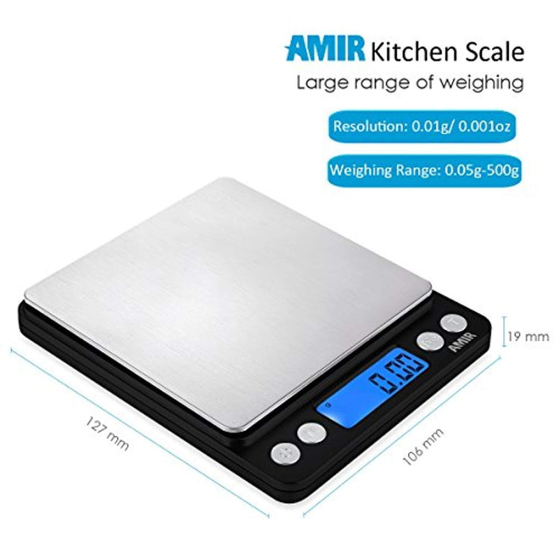 AMIR Digital Kitchen Scale, 500g/0.01g Mini Pocket Jewelry Scale, Cooking Food Scale with Backlit LCD Display, 2 Trays, 6 Units, Auto Off, Tare, PCS Function, Stainless Steel, Battery Included, Black