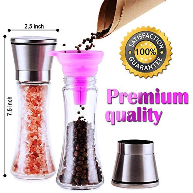 Salt and Pepper Grinder Set -Dry Spice Mill-Brushed Stainless Steel Glass- Pepper Mill and Salt Mill-Adjustable Ceramic Motor-Peppercorns Sea Salt-Fine and Coarse Ground by Surround Point