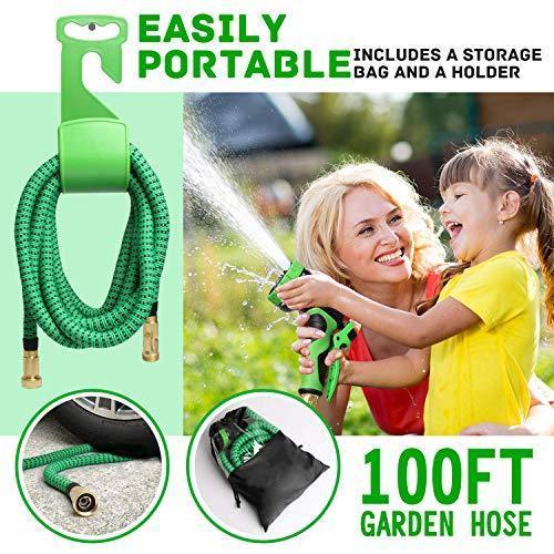 Expandable Garden Hose, 100 FT Lightweight Water Hose, 9 Functions Sprayer with Double Latex Core, Green Black Expandable Hose with 3/4" Solid Brass Fittings, Extra Strength Fabric