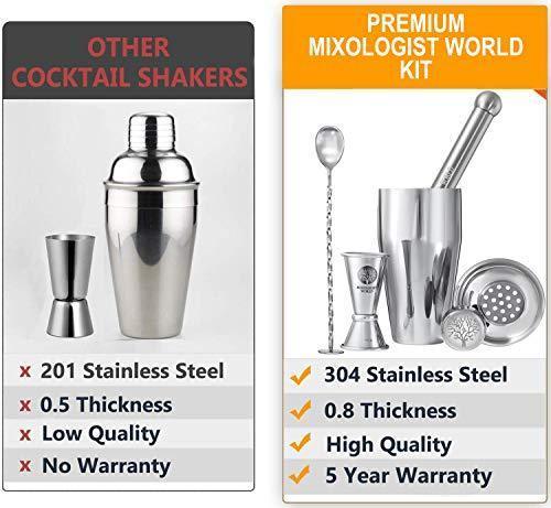 Premium Cocktail Shaker Bartender Kit -24 Ounces Bar Set Built-in Strainer With Muddler, Mixing Spoon, Measuring Jigger and Ice Tong Plus Cocktail Recipes - Bar Tools for Martini (Grey) by Mixologist World