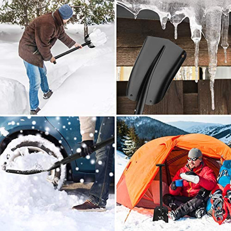 ENKEEO 25-31 Inch Aluminum Snow Shovel 3 Piece Collapsible Lightweight Spade with T-Grip Handle for Snow Shoveling Ice Removal Auto Vehicle Emergency Farm Patio Planting, Black