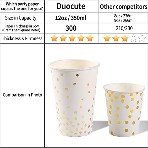 Duocute White and Gold Party Supplies 150Pcs Golden Dot Disposable Party Dinnerware Includes Paper Plates, Napkins, Knives, Forks, 12oz Cups, Banner, for Bridal Shower, Engagement, Wedding, Serves 25