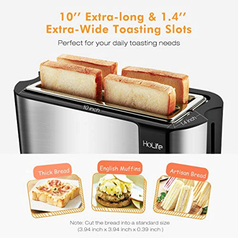 HoLife 4 Slice Long Slot Toaster Best Rated Prime, Stainless Steel Bread Toasters with Warming Rack, 6 Bread Shade Settings, Defrost/Reheat/Cancel Function, Extra Wide Slots, Removable Crumb Tray