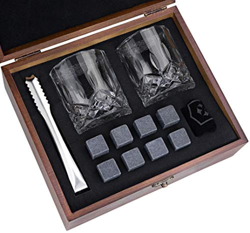 Whiskey Glass Stones Large Gift Box Set of 2 Whisky Bourbon Glasses 8 Scotch Granite Rock Wiskey Rocks & Metal Ice Tongs - Alcohol Liquor Wine Shot Tumbler Bar Kit - Christmas Gifts Sets Present Boxes