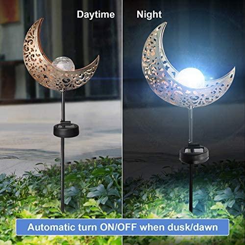 ATHLERIA Garden Solar Lights Outdoor Decorative, 2 Pack Crackle Glass Ball Solar Light with Moon Hollowed-Out Metal, Waterproof Solar Powered Lighting for Lawn, Pathway, Patio, Yard