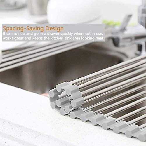 Miligore Over Sink Dish Drying Rack 21 inches x 16 inches, 304 Stainless Steel Large Sink Rack Dish Drainers Rack, Foldable, Rollable and Easy to Store, Black