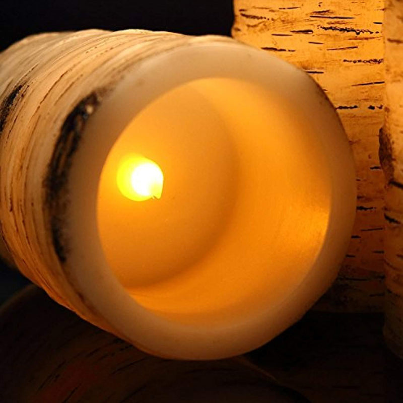 Flickering Flameless Candles with Birch Bark Effect LED Candles 4" 5" 6" Set of 3 Battery Candles Real Wax Pillar with 10-key Remote Control - 2/4/6/8 Hours Timer