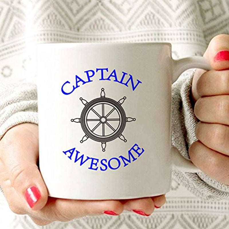 Funny Captain Awesome Coffee Mug Christmas Gifts, Unique Boat Steering Wheel Captain Awesome Porcelain Cup Gifts for Dad, Grandpa, Friend, White 14 Oz