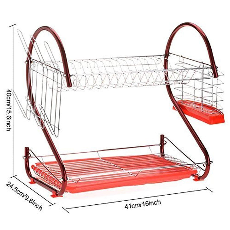 dtemple 2 Tier Dish Stainless Steel Drying Kitchen Storage, Red S Shape Dish Drainer Rack