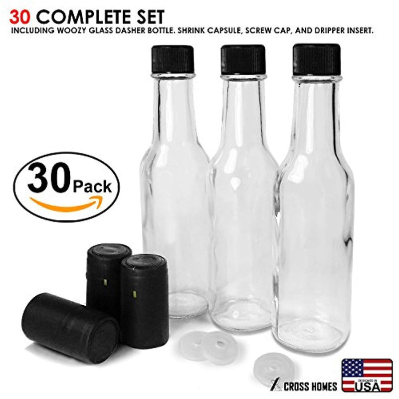 Hot Sauce Woozy Bottles Empty 5 Oz Complete Sets of Premium Commercial Grade Clear Glass Dasher Bottle with Shrink Capsule, Leak Proof Screw Cap, Snap On Orifice Reducer Dripper Insert (Black 30 Sets)