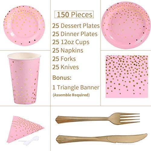 Duocute White and Gold Party Supplies 150Pcs Golden Dot Disposable Party Dinnerware Includes Paper Plates, Napkins, Knives, Forks, 12oz Cups, Banner, for Bridal Shower, Engagement, Wedding, Serves 25