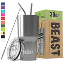 BEAST 30oz Stainless Steel Tumbler Vacuum Insulated Rambler Coffee Cup Double Wall Travel Flask Mug with Splash Proof Lid, 2 Straws, Pipe Brush & Gift Box Bundle By Greens Steel