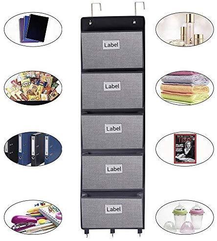 Over The Door Hanging File Organizer Wall Mounted, Office Supplies Storage Holder Pocket Chart for Magazine,Notebooks,Planners,File Folders,5 Large Pockets Grey