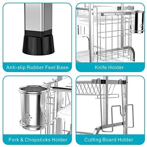 Miligore Dish Drying Rack, 2 Tier 304 Stainless Steel Dish Rack with Utensil Holder, Cutting Board Holder and Dish Drainer for Kitchen Counter, Silver