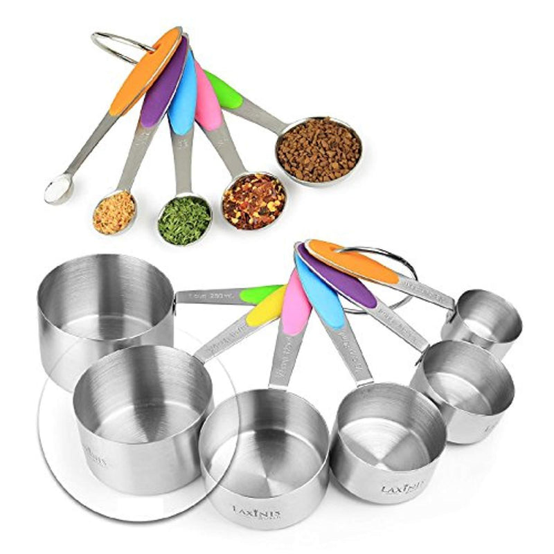 New Version 11 Piece Measuring Set By Laxinis World | Sturdy Stainless Steel Stackable 6 Measuring Cups and 5 Measuring Spoons With Soft Silicone Handles To Measure Dry and Liquid Ingredients