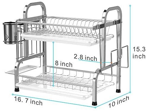 Miligore Dish Drying Rack, 2 Tier 304 Stainless Steel Dish Rack with Utensil Holder, Cutting Board Holder and Dish Drainer for Kitchen Counter, Silver