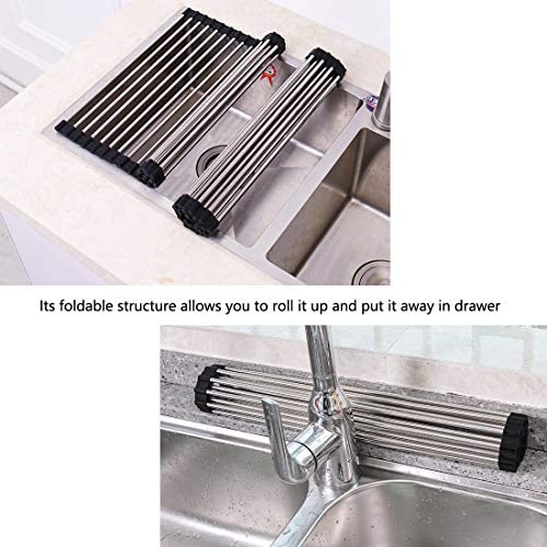 Miligore Over Sink Dish Drying Rack 21 inches x 16 inches, 304 Stainless Steel Large Sink Rack Dish Drainers Rack, Foldable, Rollable and Easy to Store, Black