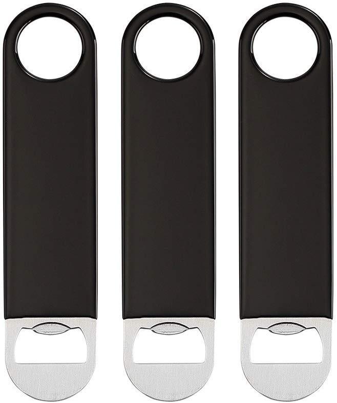 QLL 3 Pack 7" Speed Openers, Heavy Duty Stainless Steel Flat Beer Bottle Opener, Black Rubber Coated Bottle Opener Bartender