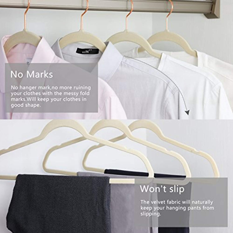 MIZGI Premium Velvet Hangers (Pack of 50) Heavyduty - Non Slip - Velvet Suit Hangers Ivory - Copper/Rose Gold Hooks,Space Saving Clothes Hangers