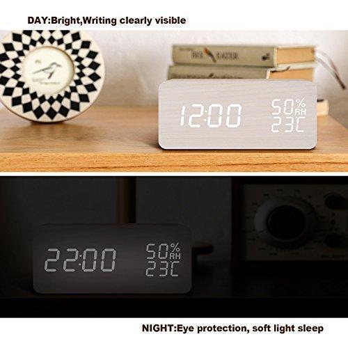 BlaCOG Alarm Clock Digital Desk Wooden Alarm Clock Upgraded with Time Temperature, Adjustable Brightness, 3 Set of Alarm and Voice Control - Bamboo