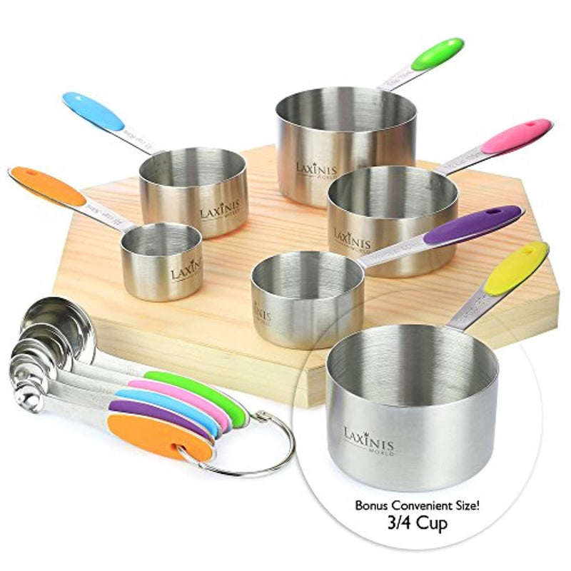 New Version 11 Piece Measuring Set By Laxinis World | Sturdy Stainless Steel Stackable 6 Measuring Cups and 5 Measuring Spoons With Soft Silicone Handles To Measure Dry and Liquid Ingredients