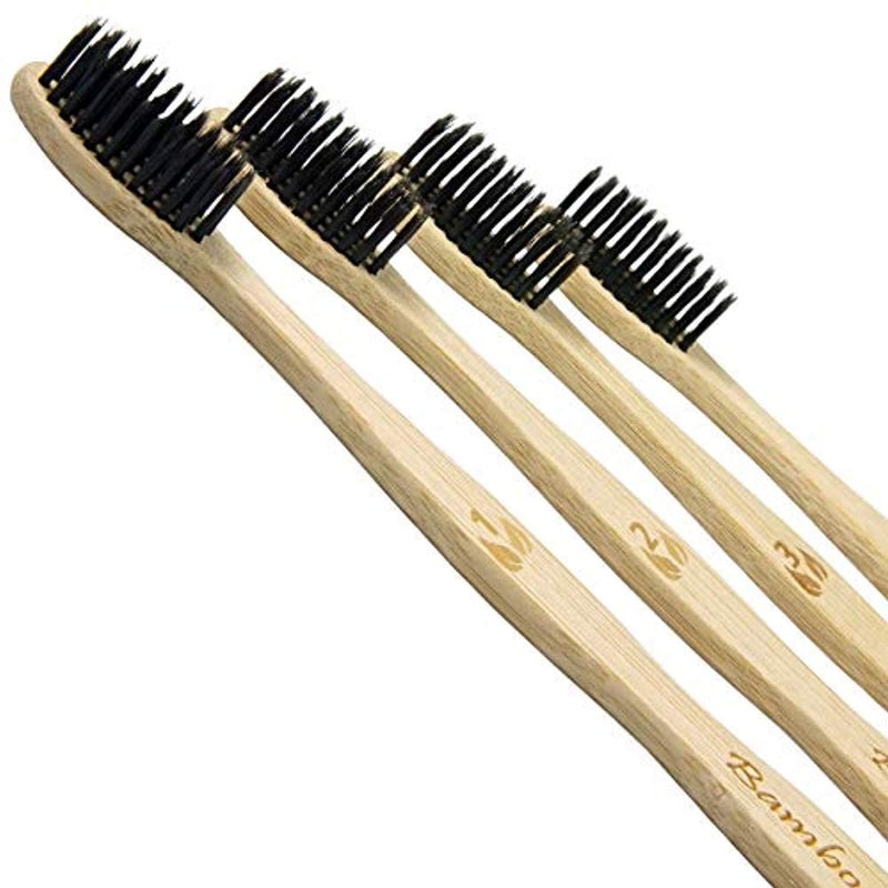 Bamboo Charcoal Toothbrush - Natural Biodegradable And Organic With 100% Eco Friendly BPA Free Bristles Smooth Wood Handle And Zero Waste Packaging - Pack Of 4 Wooden...