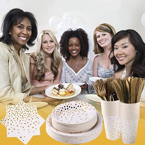 Duocute White and Gold Party Supplies 150Pcs Golden Dot Disposable Party Dinnerware Includes Paper Plates, Napkins, Knives, Forks, 12oz Cups, Banner, for Bridal Shower, Engagement, Wedding, Serves 25