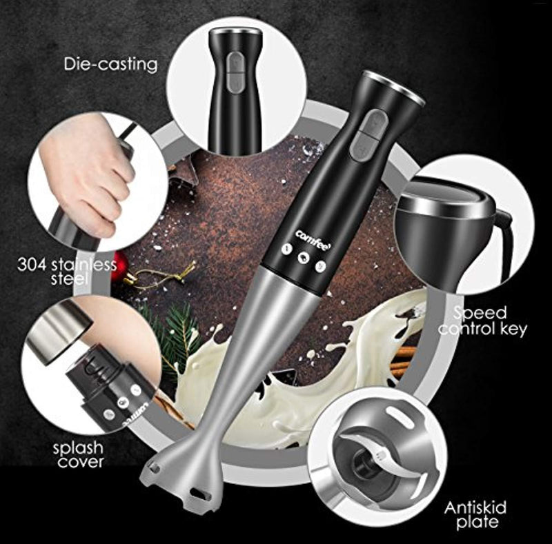 Electric Hand Immersion Blender, 4-in-1 Hand Mixer with 500ml Food Chopper, 600ml Beaker, Balloon Whisk, Stainless Steel Blending Shaft by Comfee (Black)