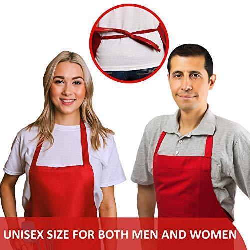 CHEFLUX [12pk] Premium Professional Red Restaurant Aprons with 2 Large Pockets [Bulk] Chef Cooking Bib Apron for Kitchen Waitress [Unisex] Men Women [53 g Lightweight] BBQ Painting Stylist Artist